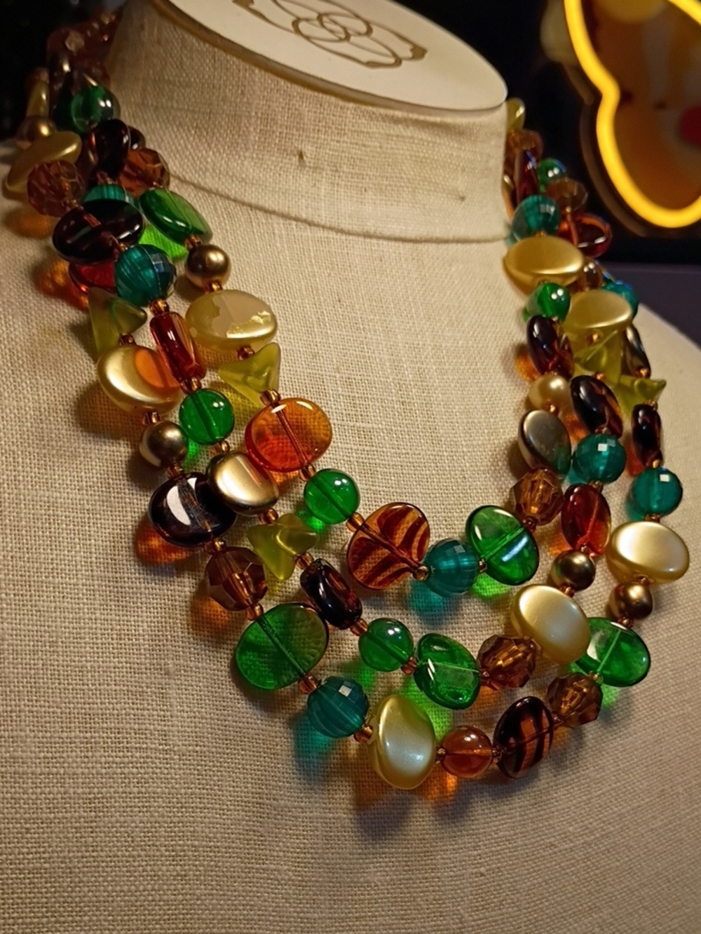 Multistrand Glass Bead Necklace in Green, Amber & Gold